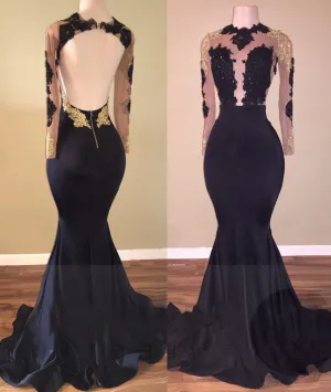 2025 Black Mermaid Backless Long Sleeves Prom Dresses