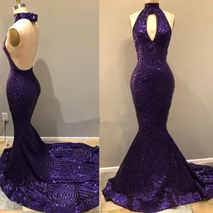 2025 Purple Sequence Mermaid Backless Long Prom Dress