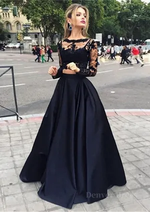 A-Line/Princess Full/Long Sleeve Bateau Long/Floor-Length Satin Prom Dress With Appliqued