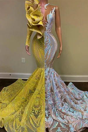 Amazing V-Neck One Shoulder Long Sleeve Long Mermaid Prom Dress