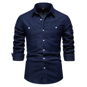 Autumn Men's Denim Shirt Cotton Elastic Casual Social Design Double Pockets Slim Jeans Shirts for Men