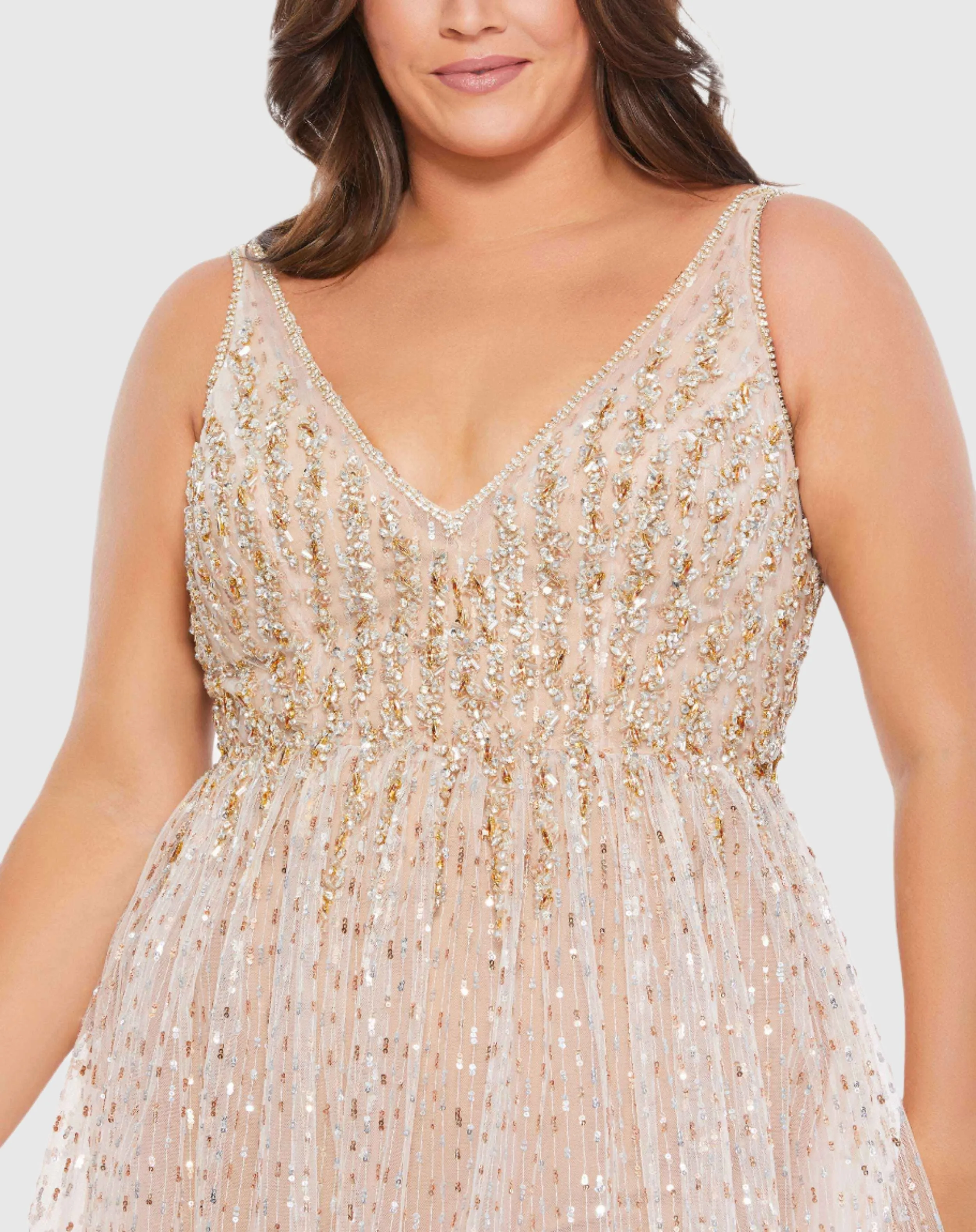 Beaded Sleeveless V Neck Sheer Overlay Romper (Plus)