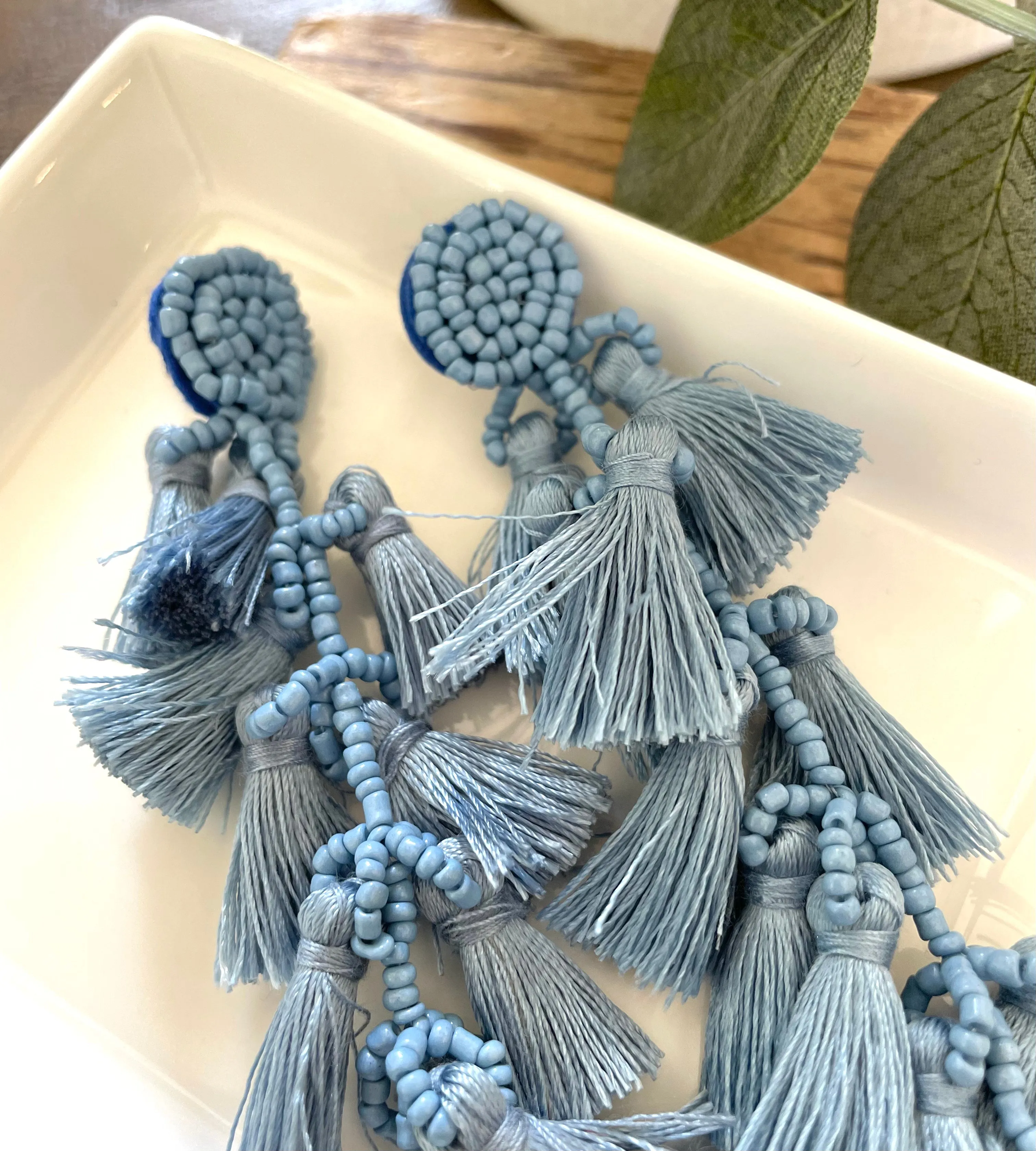 Beaded Tassel Drop Earrings-Blue