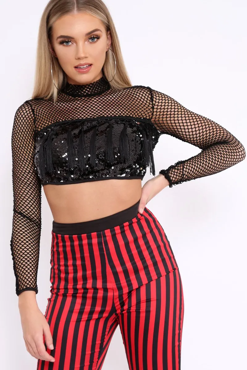 Black Mesh Long Sleeve Crop Top With Sequin And Tassel Detailing - Elyssia