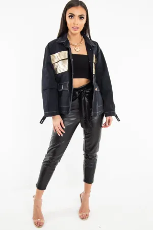 Black Sequin Pocket Button Denim Jacket - Celeste