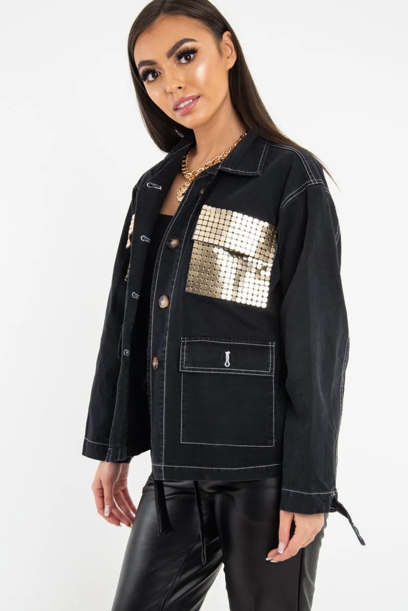 Black Sequin Pocket Button Denim Jacket - Celeste