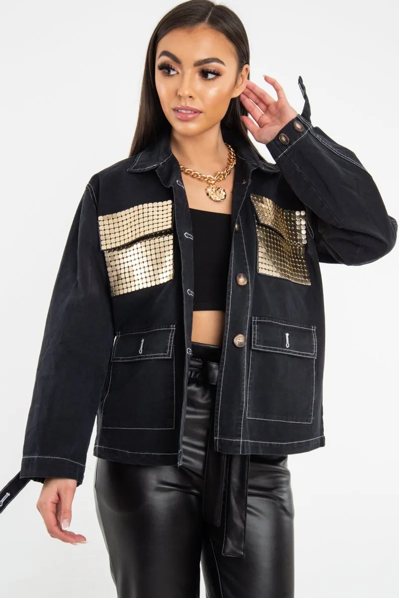 Black Sequin Pocket Button Denim Jacket - Celeste