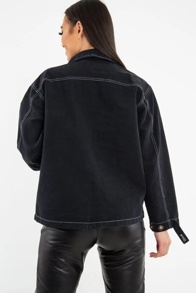 Black Sequin Pocket Button Denim Jacket - Celeste