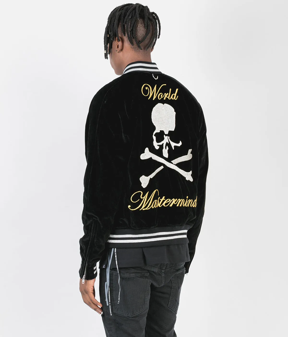 Black Silk Velvet Varsity Jacket