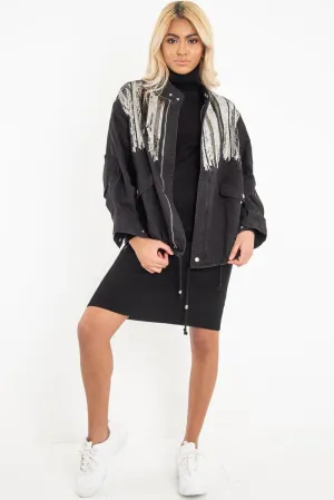 Black Silver Sequin Parka Denim Jacket - Dilara