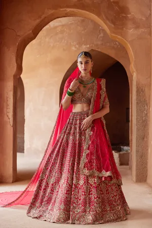 BLOOD RED RAW SILK LEHENGA CHOLI