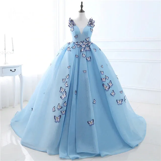 Blue Butterfly Flowers Lace Up Ball Gowns Long Prom Dresses