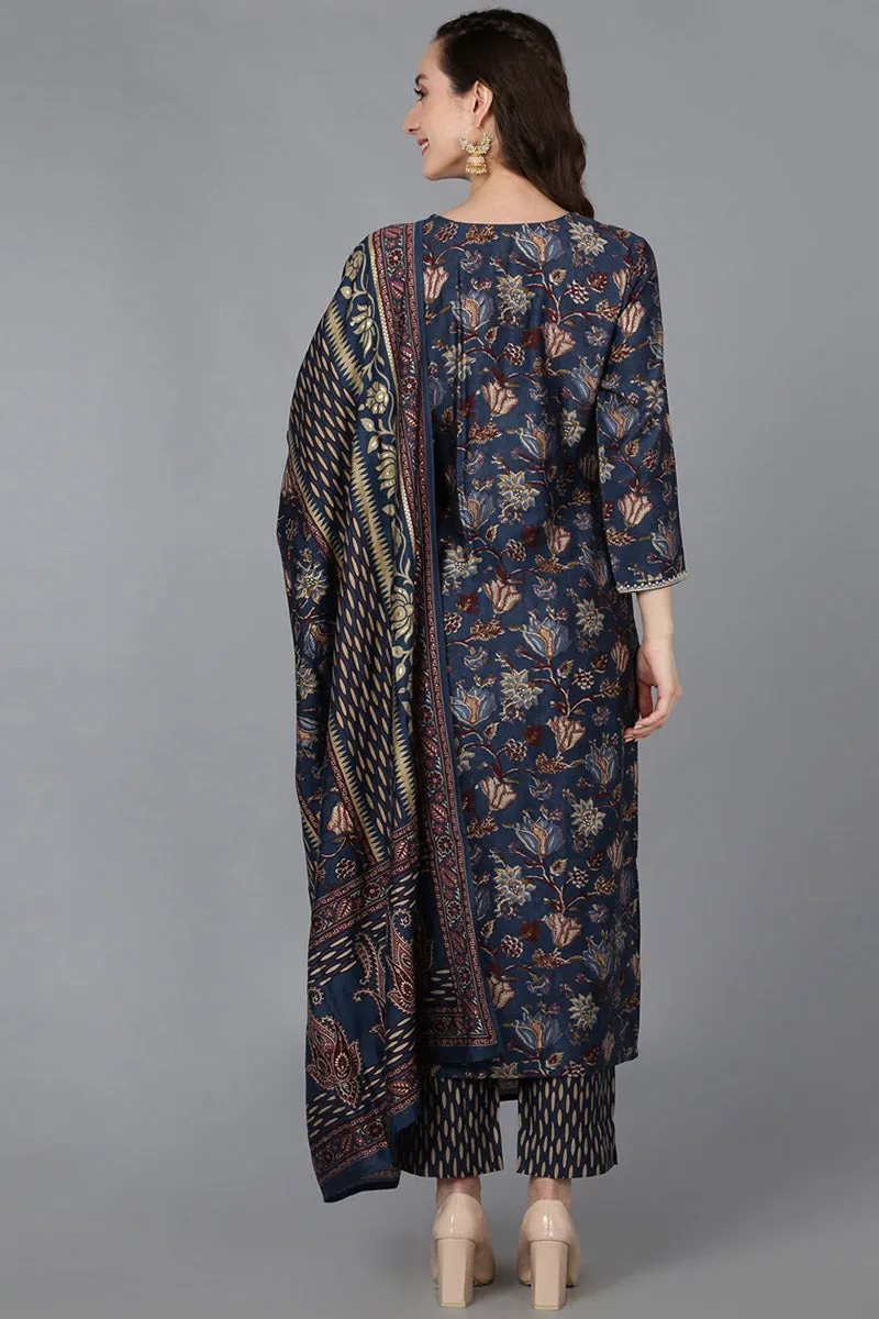 Blue Silk Blend Floral Print Embroidered Straight Suit Set