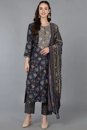 Blue Silk Blend Floral Print Embroidered Straight Suit Set