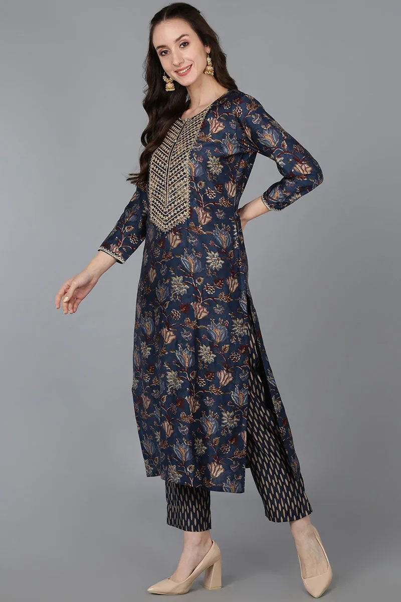 Blue Silk Blend Floral Print Embroidered Straight Suit Set