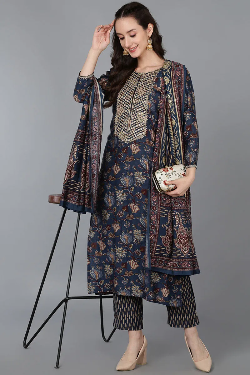 Blue Silk Blend Floral Print Embroidered Straight Suit Set