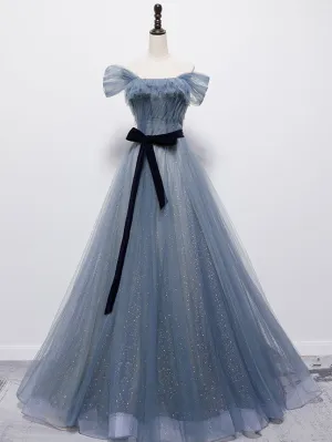 Blue Tulle Off Shoulder Sequin Long Prom Dress Blue Evening Dress