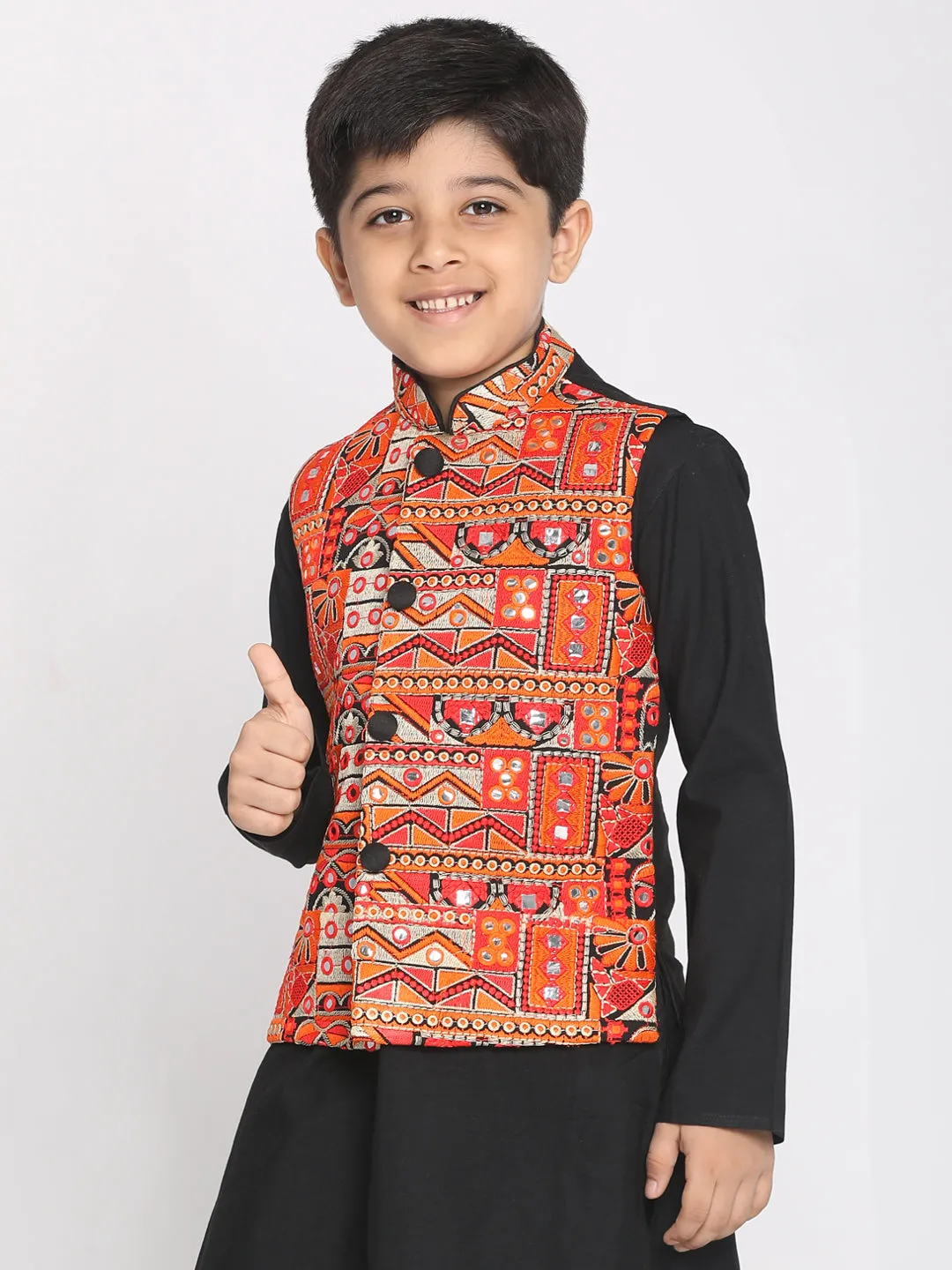 Boy's Orange And Black Nehru Jacket - Vastramay Boys