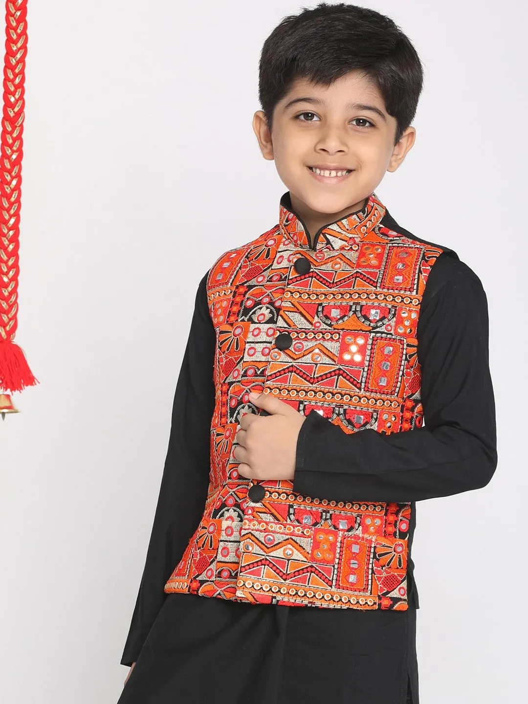 Boy's Orange And Black Nehru Jacket - Vastramay Boys