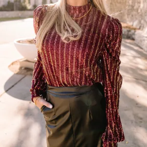 Burgundy Blow Out Sequined Mock Neck Top