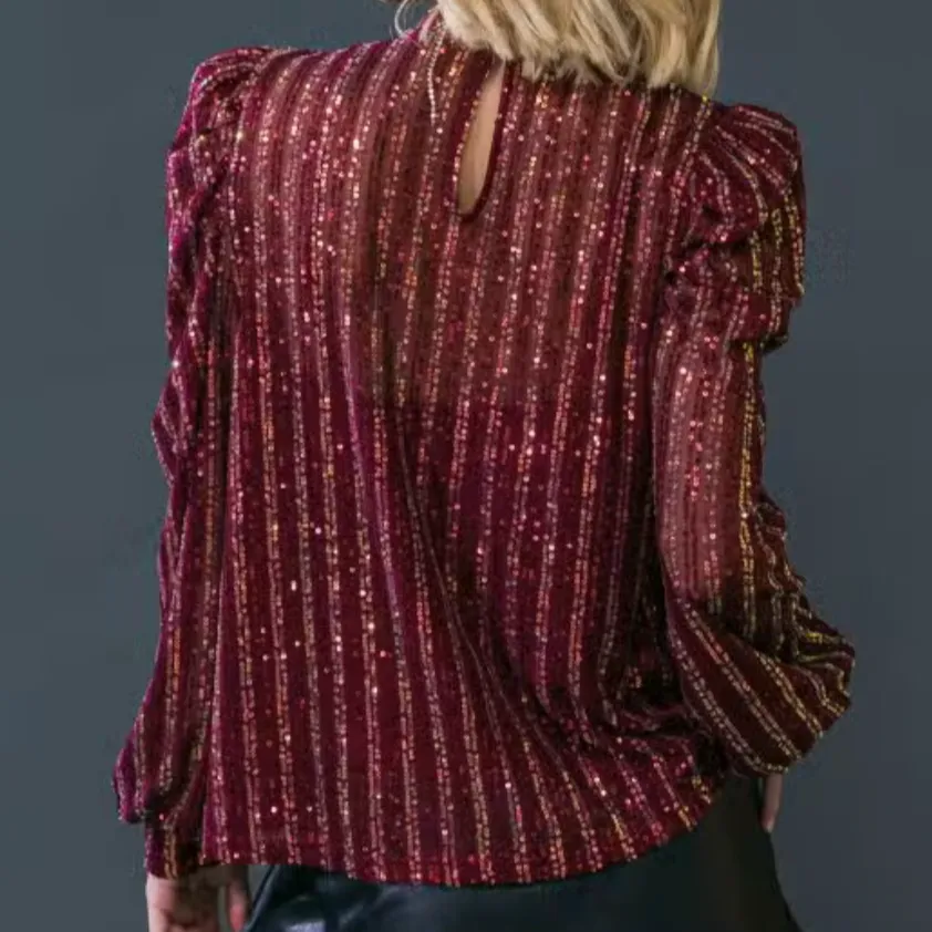 Burgundy Blow Out Sequined Mock Neck Top