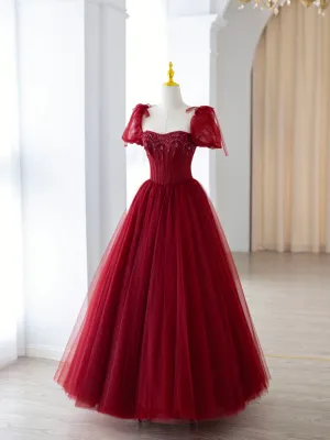 Burgundy Tulle Beaded Long Prom Dress A-Line Formal Evening Dress