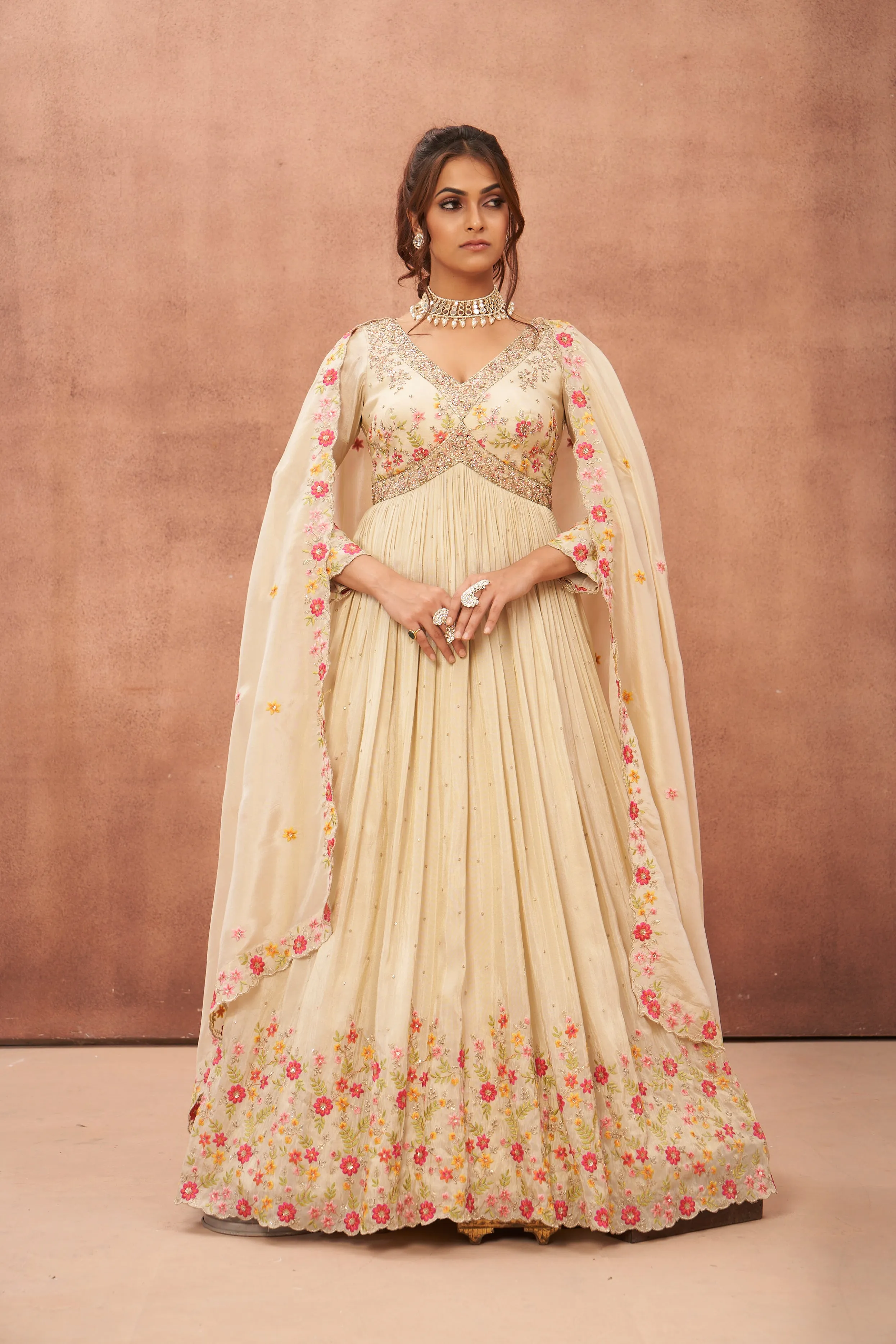 Cream Floral Embroidered Premium Silk Anarkali Set