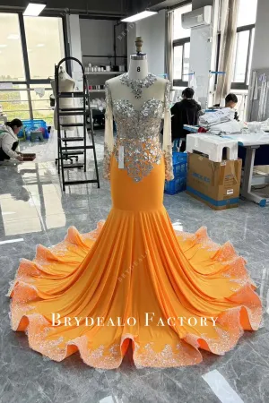 Custom Sequined Appliques Tangerine Jersey Mermaid Prom Dress