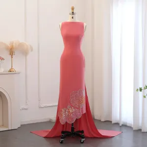 Elegant Coral Pink Scalloped Arabic Evening Dress Luxury Dubai Butterfly Beaded Women Wedding Party Gowns