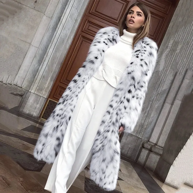 Fluffy Furry Leopard Faux Fur Coats Long Belted Overcoats Fox Fur Coat