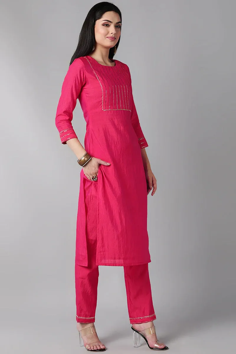 Fuchsia Poly Chanderi Solid Straight Suit Set