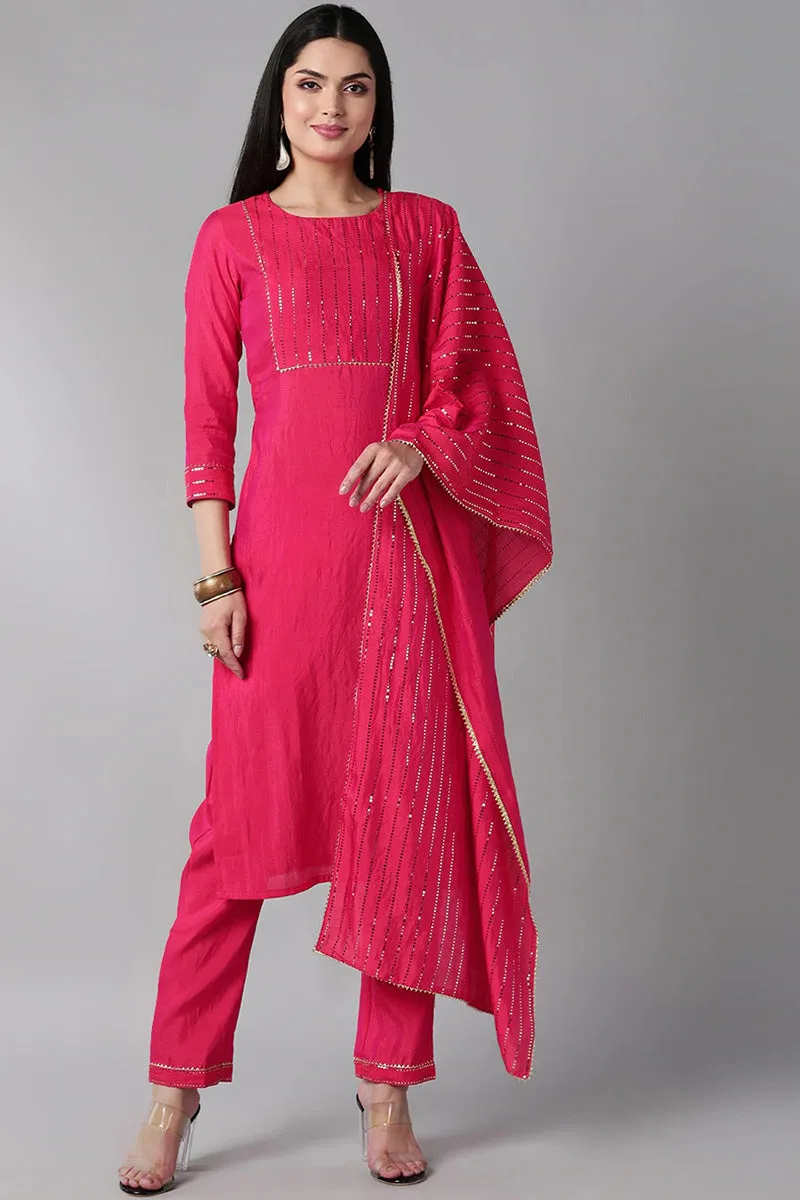 Fuchsia Poly Chanderi Solid Straight Suit Set