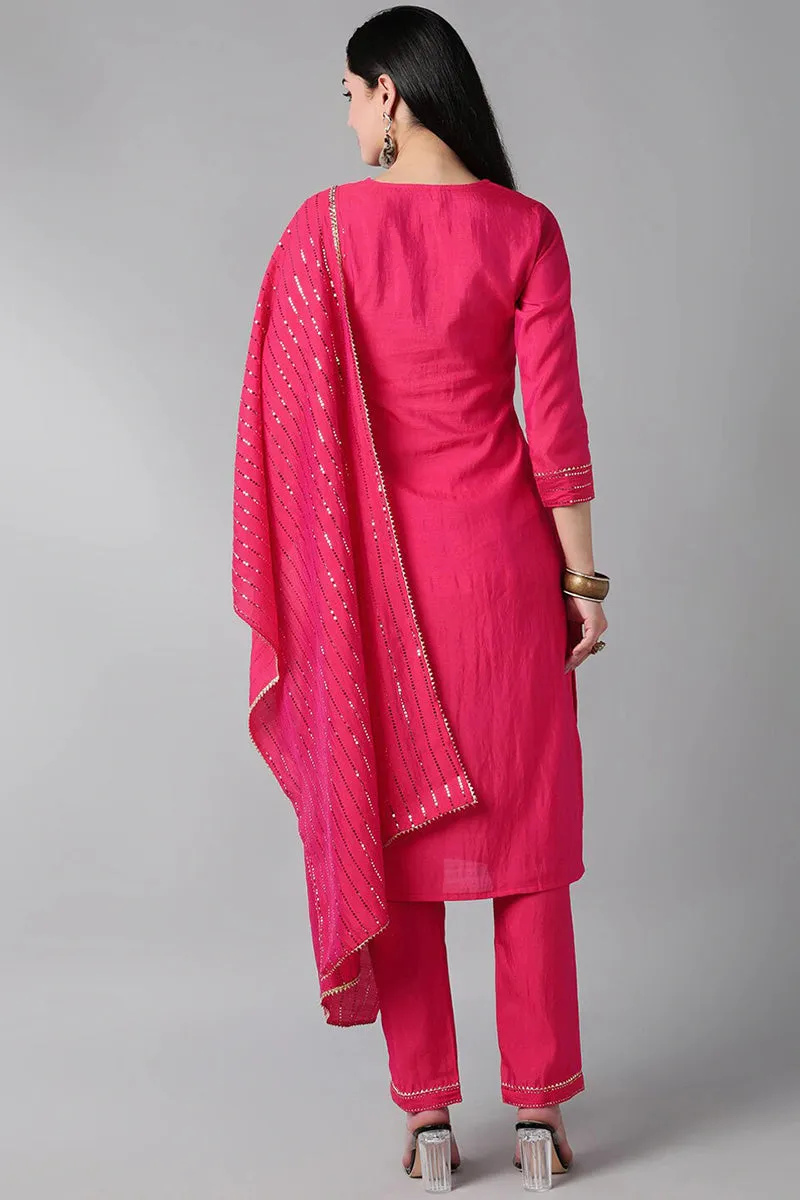 Fuchsia Poly Chanderi Solid Straight Suit Set