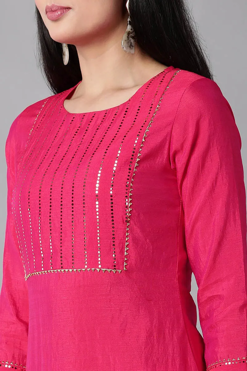 Fuchsia Poly Chanderi Solid Straight Suit Set