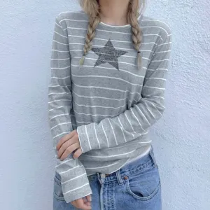 Harajuku Stripe Star Printing Women Tops Tee Shirts Long Sleeve Spring Autumn New Korean T shirts Preppy Style Basic