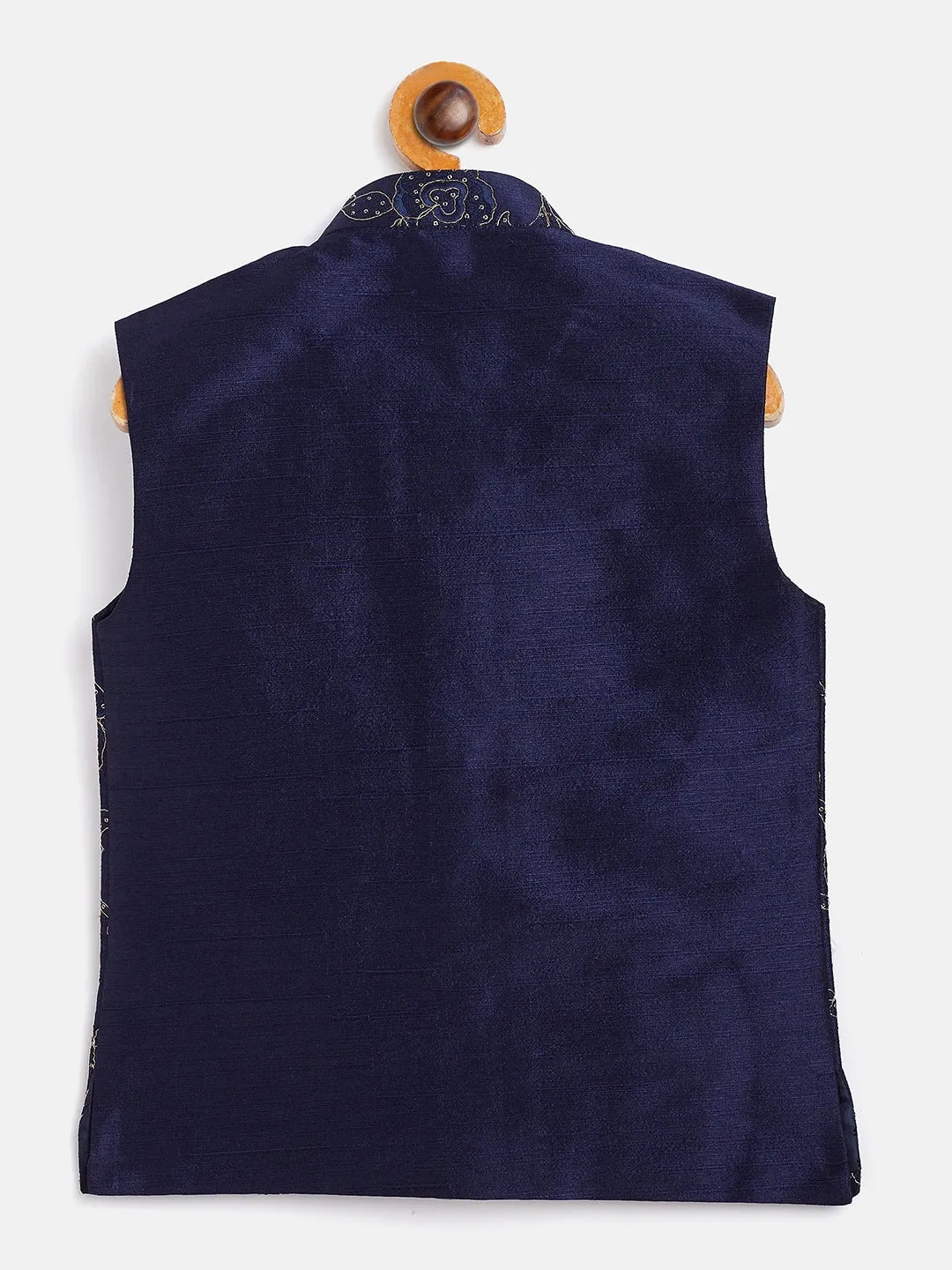 Jashvi Boy's Navy Blue Silk Blend Embroidered Nehru Jacket