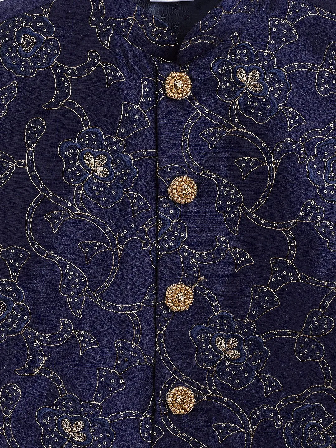 Jashvi Boy's Navy Blue Silk Blend Embroidered Nehru Jacket