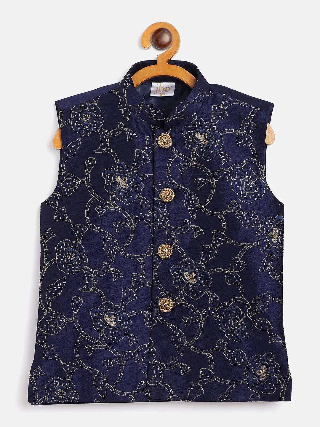 Jashvi Boy's Navy Blue Silk Blend Embroidered Nehru Jacket