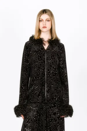 Jubilee Velvet Faux Curly Lamb Trimmed Hooded Jacket