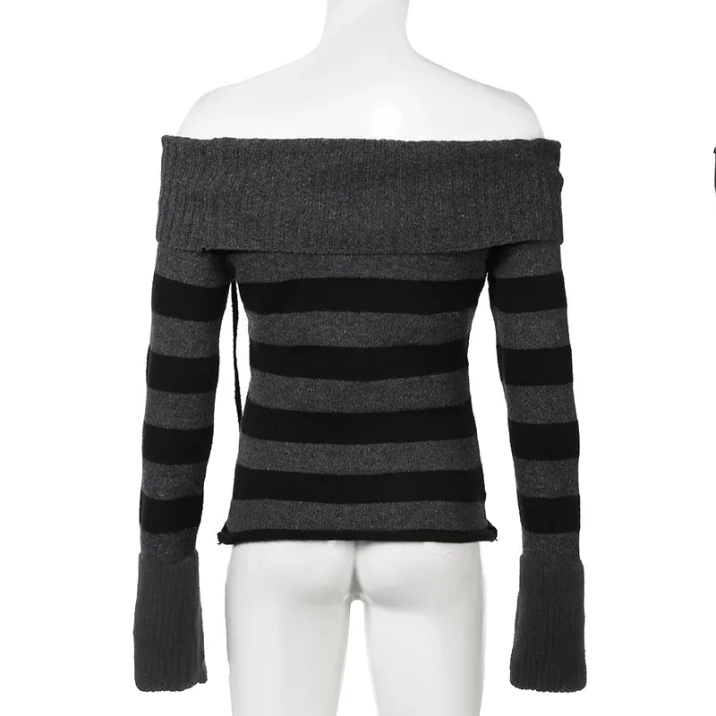 Korean Style Striped Sweater Off Shoulder Autumn Winter Female Jumper Contrast Color Knitwear Y2k 2000s Trend Outfits