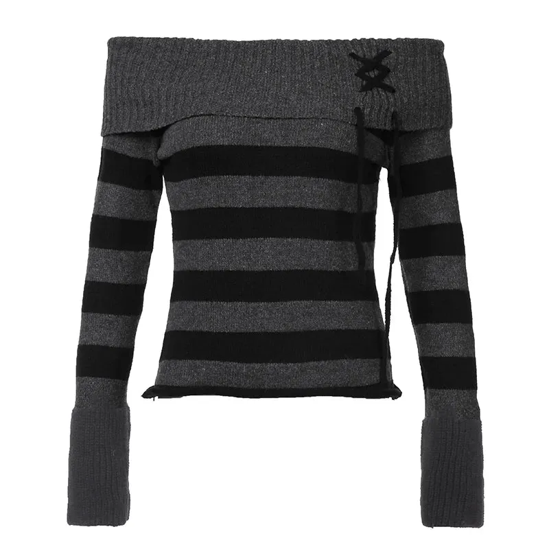 Korean Style Striped Sweater Off Shoulder Autumn Winter Female Jumper Contrast Color Knitwear Y2k 2000s Trend Outfits