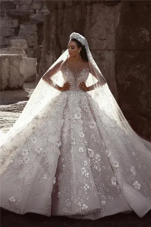 Luxurious Long Sleeve Wedding Dresses | Ball Gown Flowers Crystal Bridal Gowns