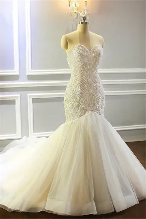 Mermaid Appliques Sweetheart Wedding Dresses Sleeveless Tulle Pleated Bridal Gowns