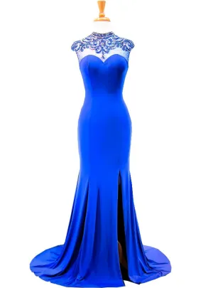 Mermaid High Neck Beaded Back African Royal Blue Prom Dress