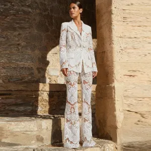 Mesh Heavy Embroidery Sequined Blazer Trousers Suit Two Piece Set