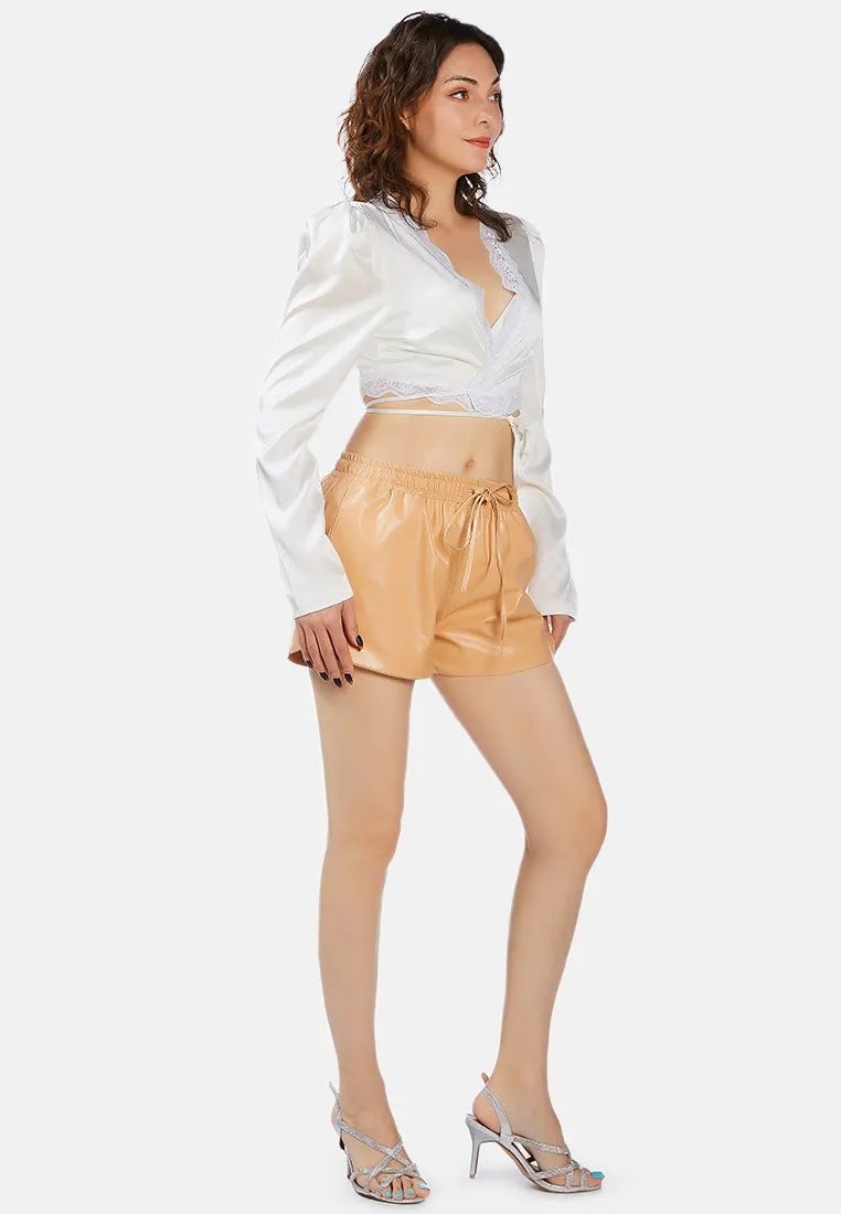 Metallic Faux Leather Drawstring Shorts