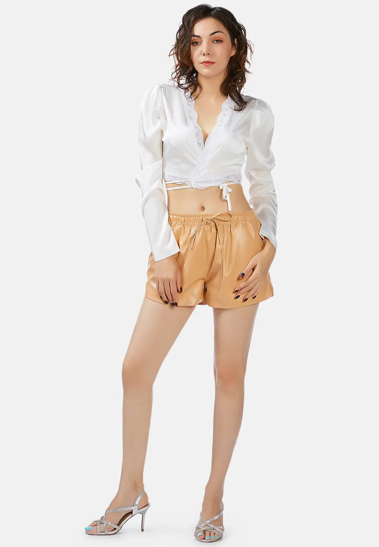 Metallic Faux Leather Drawstring Shorts