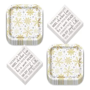 Metallic Silver & Gold Winter Snowflake Christmas Holiday Square Paper Dinner Plates and Holiday Sayings Luncheon Napkins (Serves 16)