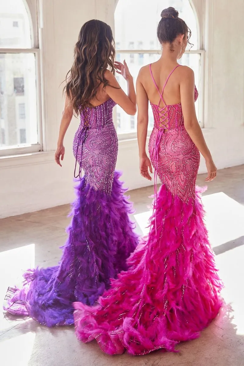 Monet Prom Dress Feather Accented Mermaid Gown LaDivine CC2308   CInderella Divine CC2308 7402308THR-NovaPurple