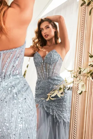 Perfection Prom Dress Strapless Sequin Mermaid Gown 740214TTK-SmokeyBlue LaDivine CD0214  Cinderella Divine CD0214